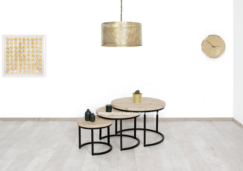 samenwerken Overdreven zweep Steigerhouten salontafel rond - set van 3 stuks - steigerhout -teakhout-meubels