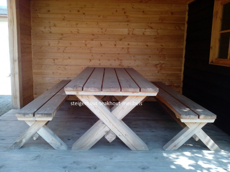 Bourgondië vaardigheid hoofdstad Douglashout tuinset Luxe - tafel + 2 banken - steigerhout-teakhout-meubels